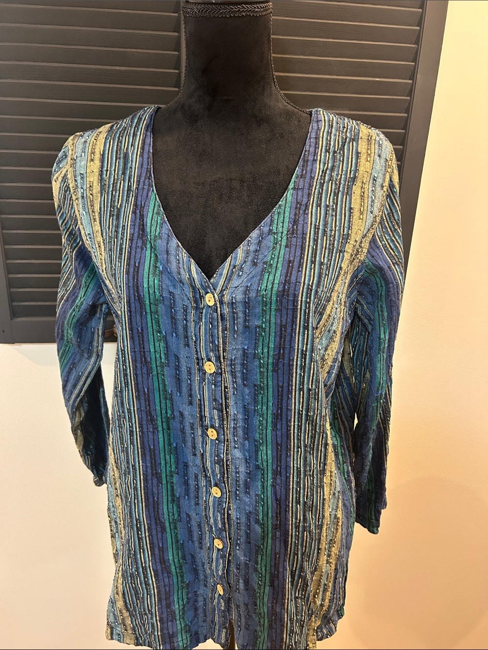Roaman's Blue, Green & Cream Striped Button-Front Blouse